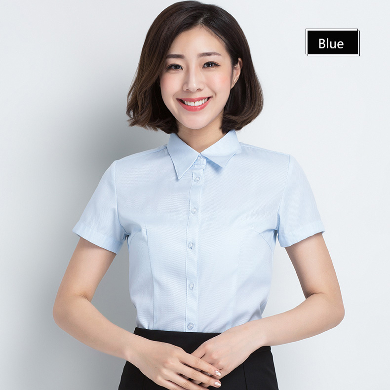เสื้อเชิ้ตผู้หญิงสีฟ้า คอปก แขนสั้น กระดุมหน้า