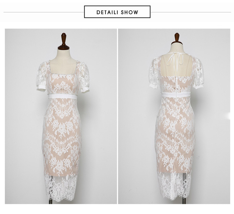 ชุดเดรสออกงานลูกไม้สีขาว ทรงเข้ารูป แขนสั้น แต่งเพชรช่วงคอ-เอว แนวเรียบหรู สวยดูด๊ เหมาะสำหรับใส่เป็นชุดราตรี ชุดออกงาน ชุดไปงานแต่งงานกลางวัน-กลางคืน