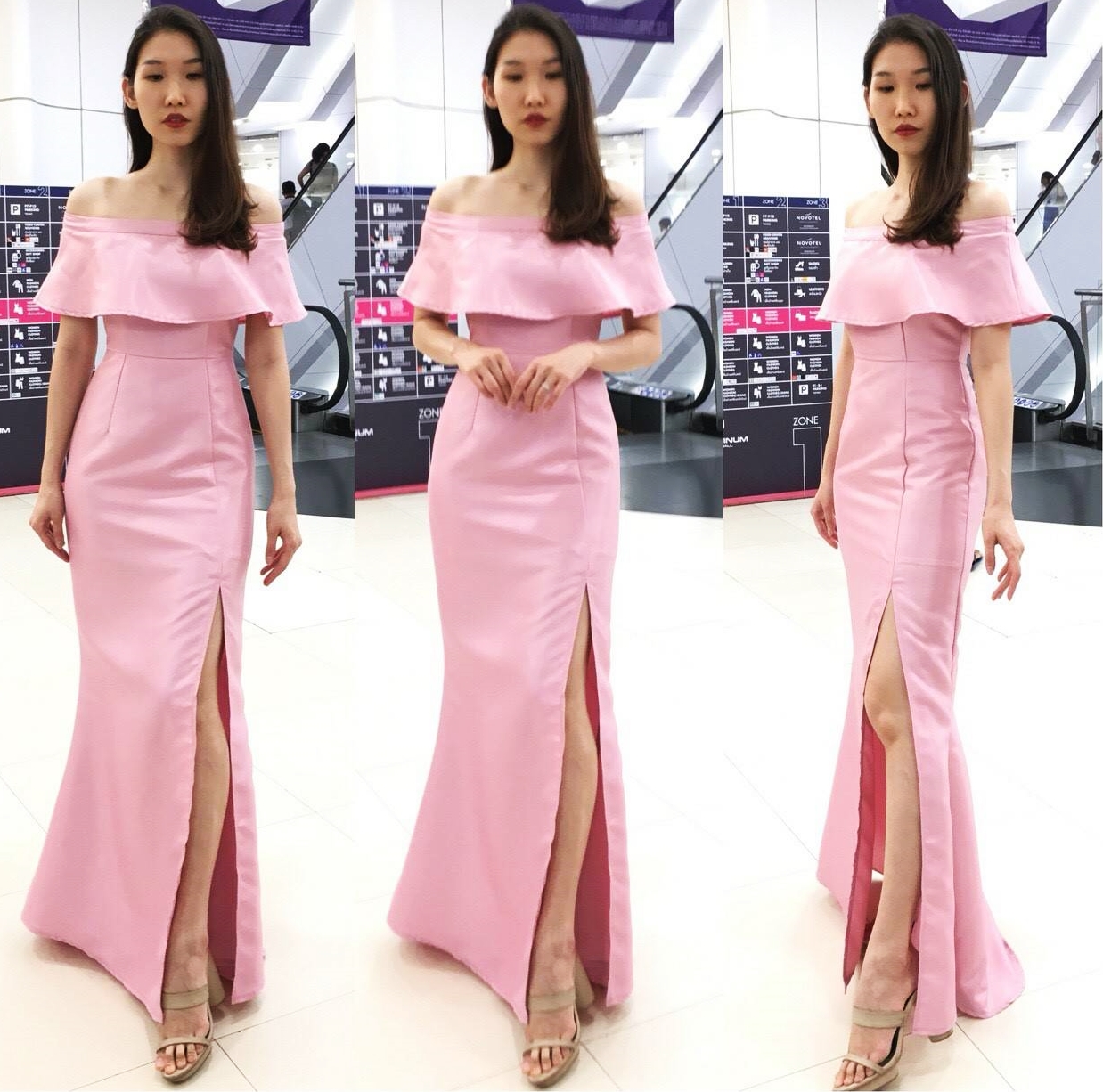 ชุดราตรียาวสีชมพู เปิดไหล่อกแต่งระบาย กระโปรงยาวเข้ารูปทรงหางปลา
