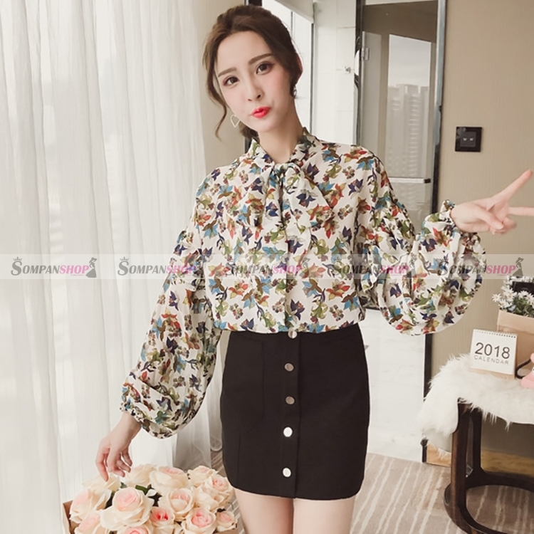 เสื้อเชิ้ตผู้หญิงสีขาว แขนยาว ลายดอกไม้ ผูกโบว์ที่คอเสื้อน่ารัก
