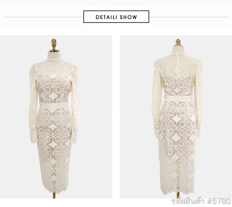 ชุดเดรสสั้นสีขาวครีม เดรสทรงเข้ารูป แขนยาว คอปีน ผ้าลูกไม้ แนวเรียบหรูสวยดูดีมากๆ ใส่ไปงานแต่งเช้า/กลางวัน