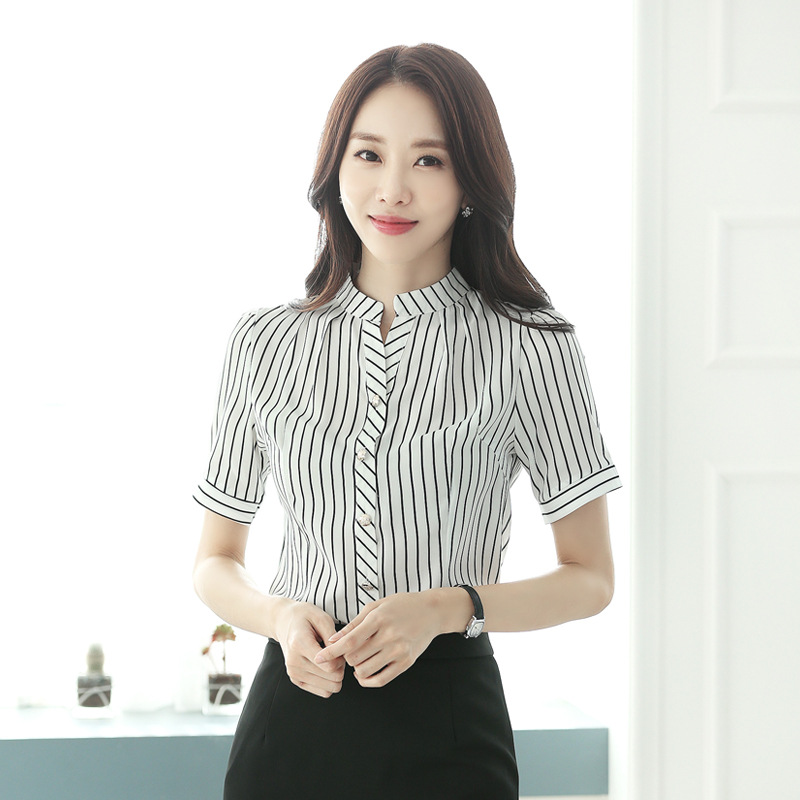 เสื้อเชิ้ตทำงานผู้หญิงสีขาว เสื้อเชิ้ตจีน ลายทางตรง แขนสั้น กระดุมหน้า ผ้าชีฟอง ใส่ทำงานได้