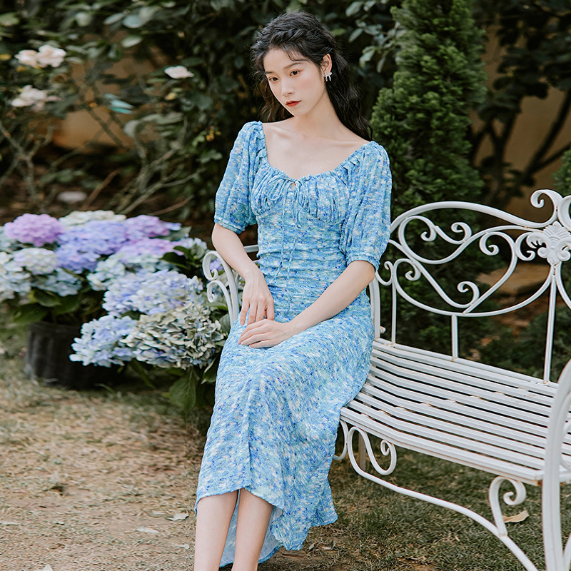 ชุดเดรสยาวสีฟ้า แขนจั๊มตุ๊กตา สวยๆ น่ารักๆ ใส่เป็นชุดเดรสลำลอง ชุดใส่เที่ยวทะเล