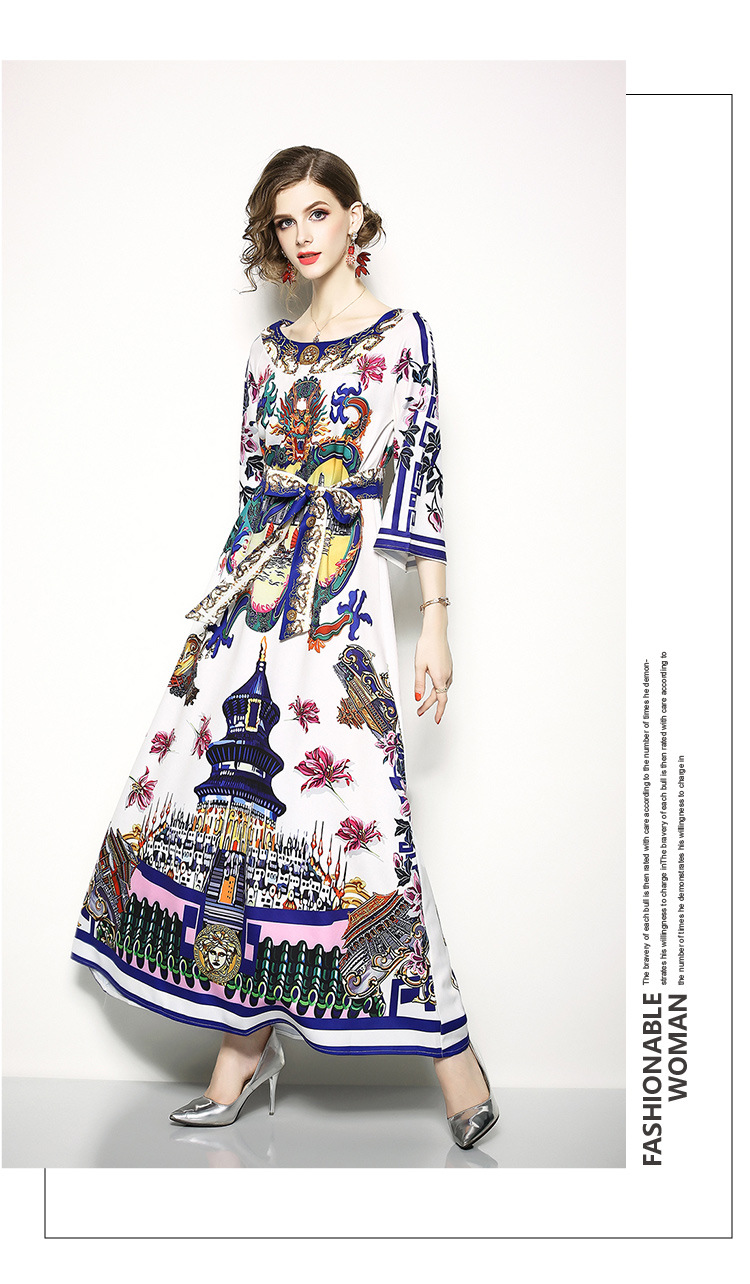ชุดเดรสยาวสีขาวพิมพ์ลายกราฟฟิค ทรงปล่อย แขนสามส่วน แนวโบฮีเมียน ยิปซี ชนเผ่า สุดเก๋สุดชิค