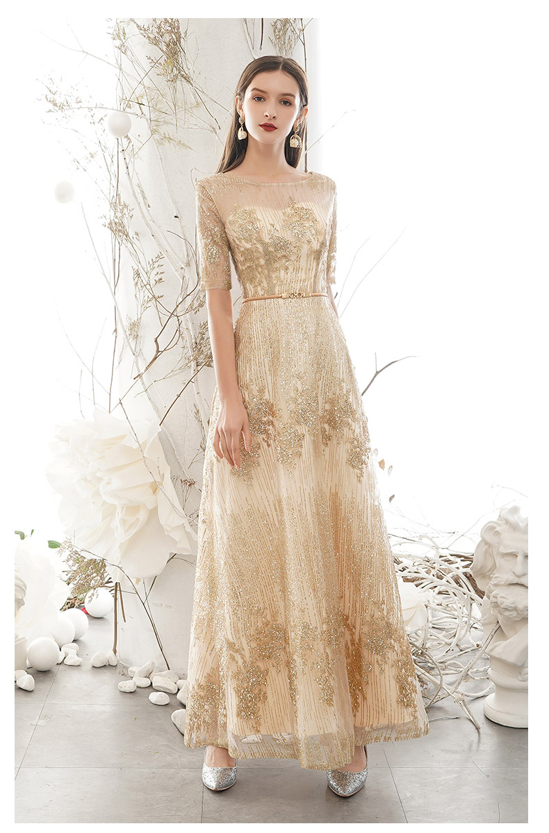 ชุดราตรียาวสีทอง ผ้ากากเพชร แขนสามส่วนกระโปรงยาว สวยหรูสง่ามากๆ ใส่เป็นชุดราตรี ชุดออกงาน ชุดไปงานแต่งงาน กลางวัน กลางคืน