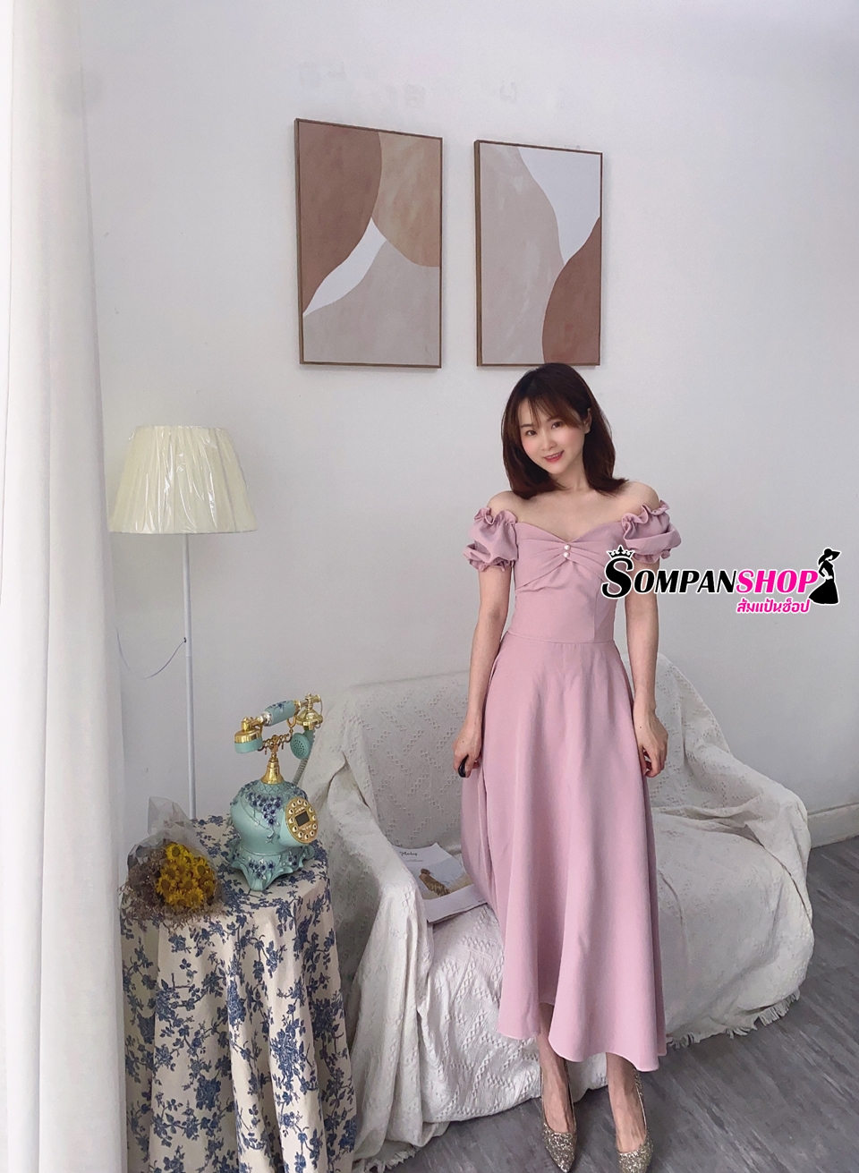 พร้อมส่ง !! ชุดราตรี ชุดไปงานแต่งงาน ชุดออกงานสีชมพู เดรสสั้นแขนตุ๊กตาแต่งกระดุมมุกกระโปรงทรงบาน สวยหวาน เรียบหรู สวยดูดี สไตล์มินิมอล ใส่ได้ทั้งงานกลางวัน กลางคืน