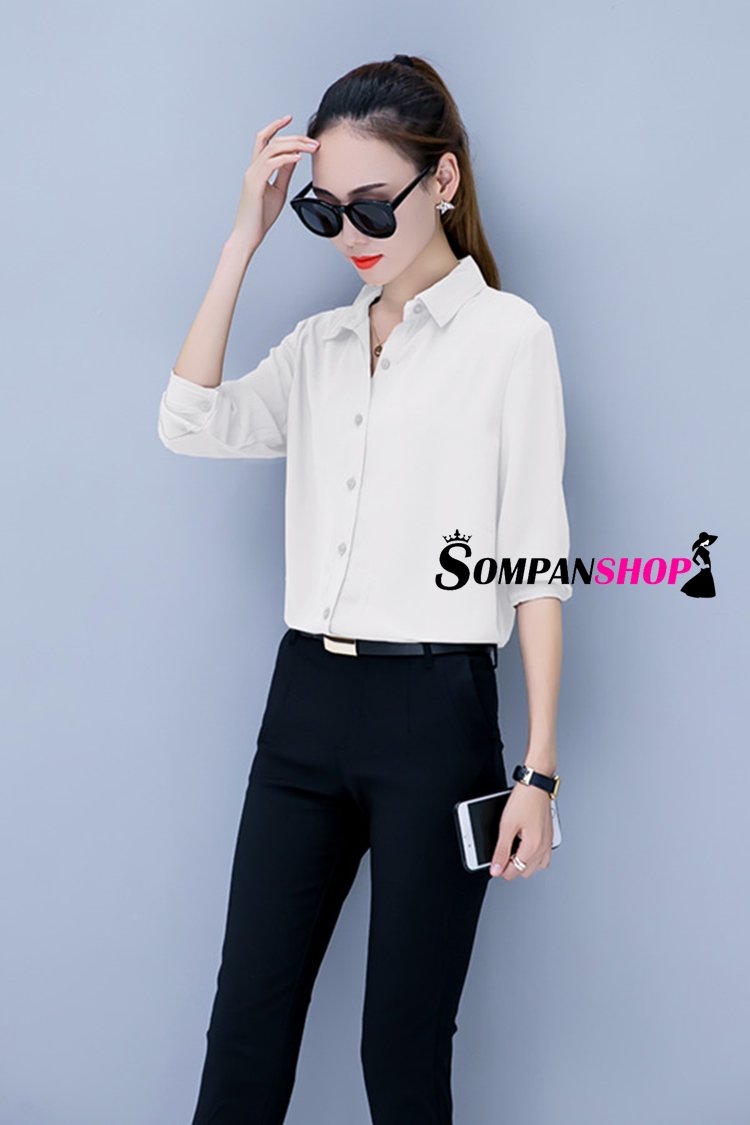 เสื้อเชิ้ตผู้หญิงทำงานสีขาว แขนยาว กระดุมหน้า ผ้าชีฟอง