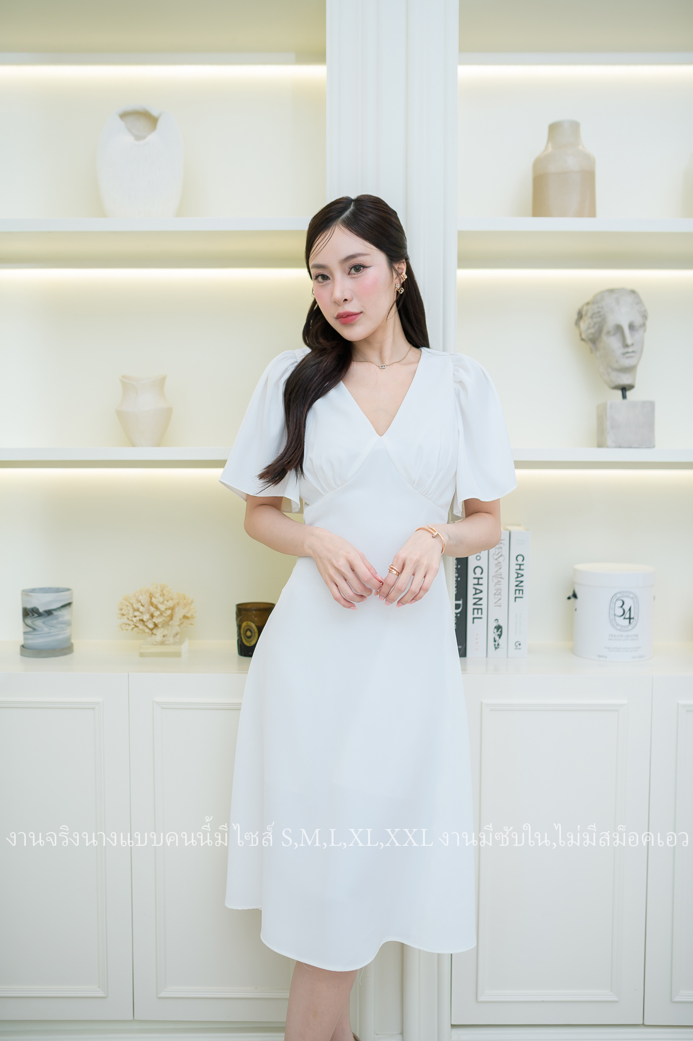 ชุดราตรี ชุดออกงาน ชุดไปงานแต่งงาน เดรสสั้นแขนระบาย กระโปรงคลุมเข่า แนวเรียบหรู สวยดูดี ใส่ได้ทั้งงานกลางวัน/งานกลางคืน : สี ขาว/ฟ้า/ชมพู