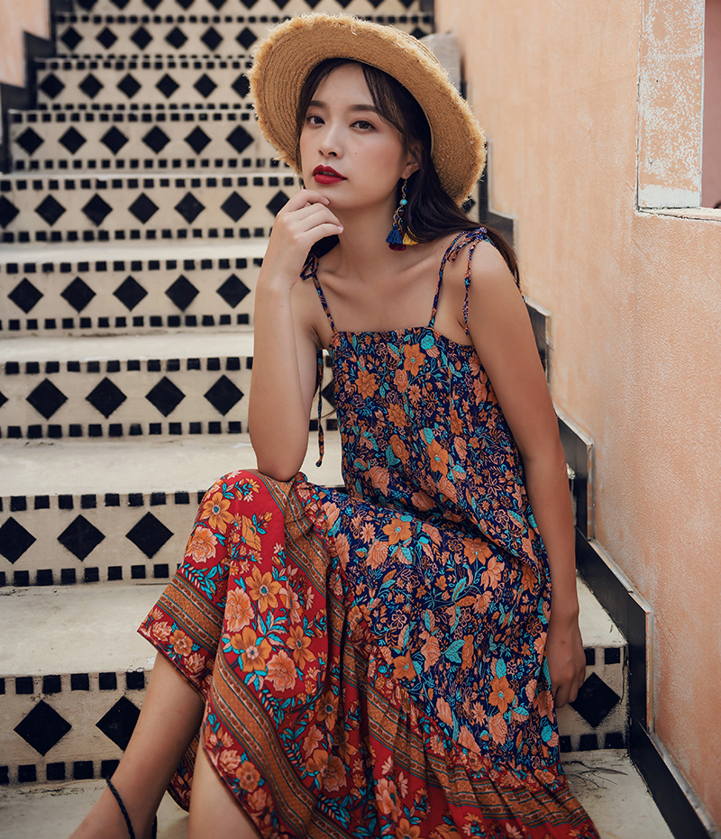 พร้อมส่ง !! ชุดเดรสยาวลายโบฮีเมียนสีน้ำเงินกรมท่า แฟชั่นชุดไปเที่ยวทะเลสวยๆ ใส่เดินเล่นริมทะเล ใส่ถ่ายรูป