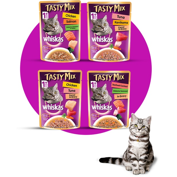 อาหารแมวเปียก whiskas tasty mix วิสกัส เทสตี้มิกซ์ 70X28g ยกลัง