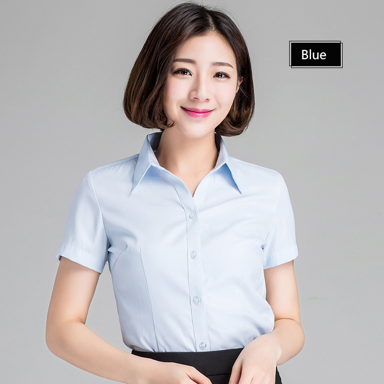 เสื้อเชิ้ตผู้หญิงสีฟ้า คอปก แขนสั้น กระดุมหน้า