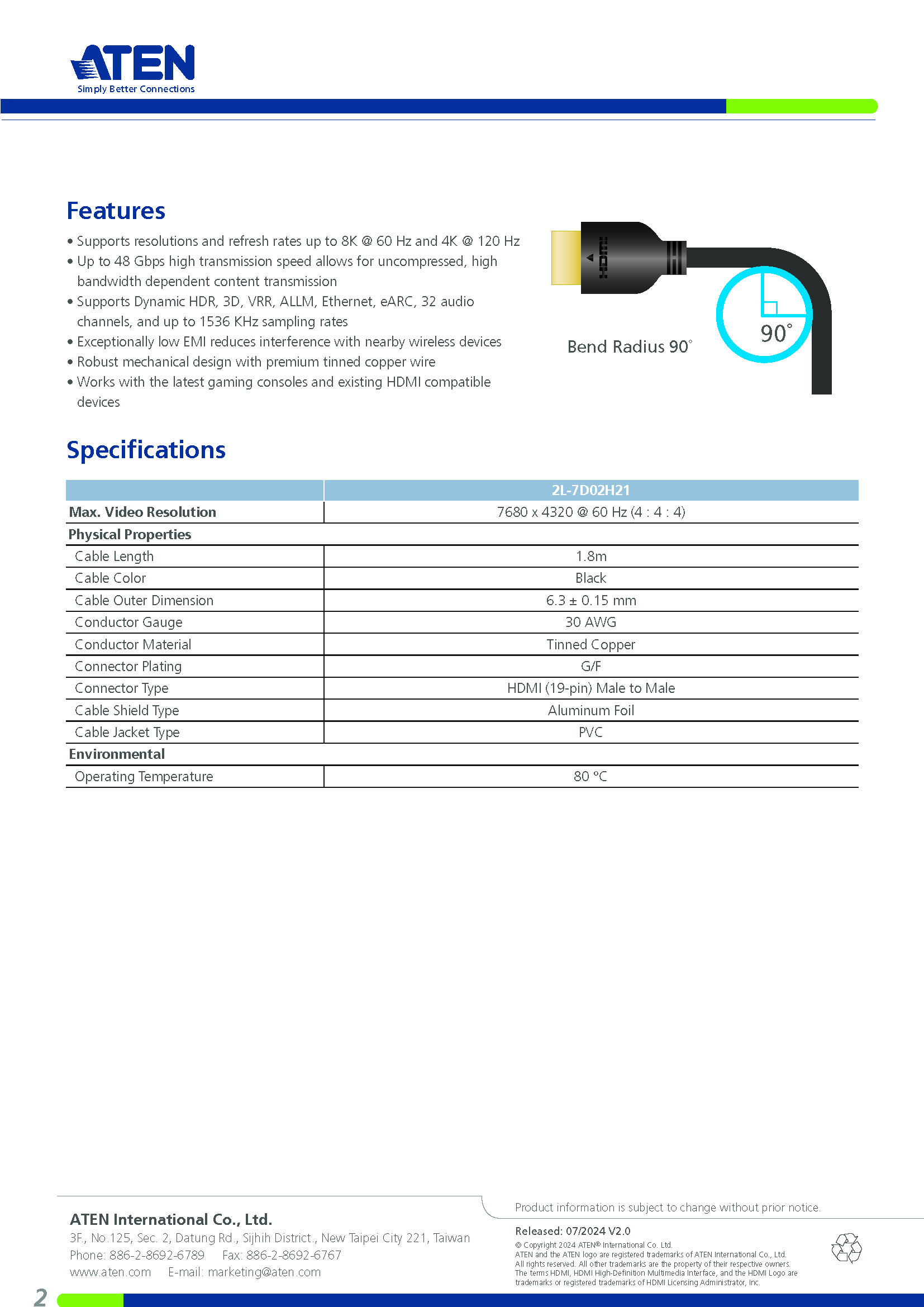 ATEN : 2L-7D02H21 1.8M 8K Ultra High Speed HDMI™ V2.1 Cable ความยาว 1.8 เมตร