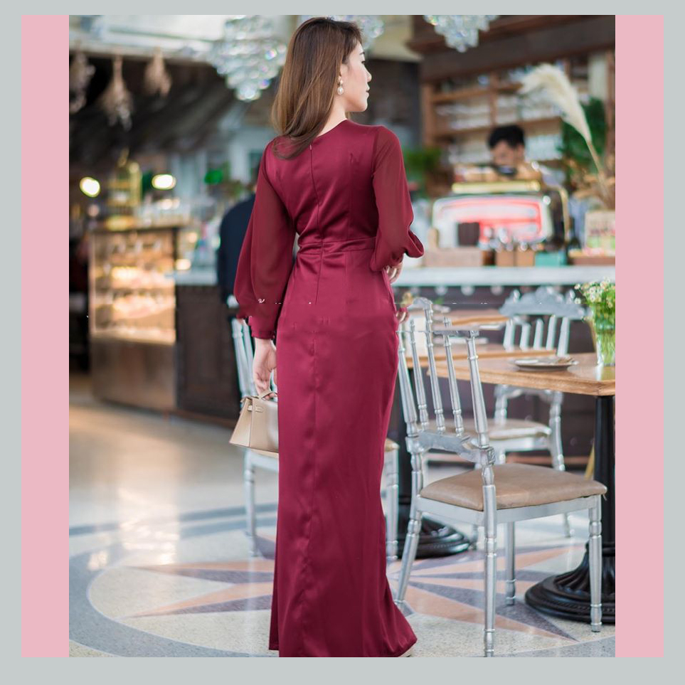 ชุดไปงานแต่งงานสีแดง เดรสยาวแขนยาวแบบสวย เรียบหรูดูแพง ชุดราตรี ชุดไปงานแต่งงาน ชุดออกงาน