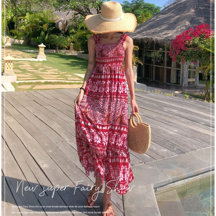 ชุดไปทะเล เดรสเที่ยวทะเล แม็กซี่เดรสสีแดงพิมพ์ลายโบฮีเมียน
