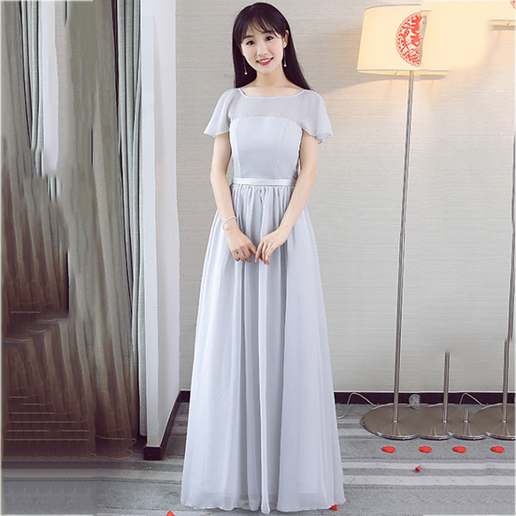 SALE ชุดราตรียาวสีเทา คอกลม แขนสั้น ลุคเรียบๆ สวยสง่า ดูดี