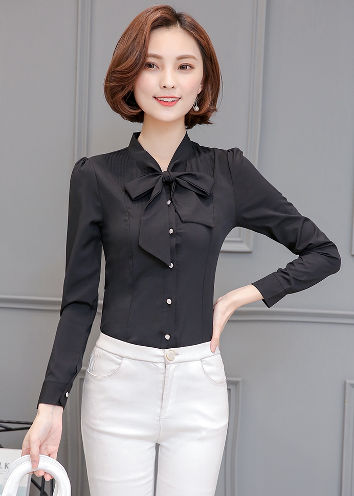 Sale เสื้อเชิ้ตผู้หญิงสีดำ แขนยาว คอผูกโบว์ กระดุมหน้า