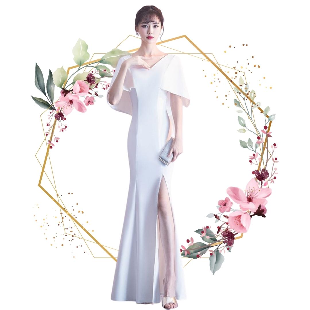 ชุดราตรี ชุดออกงาน ชุดไปงานแต่งงานสีขาว แขนทรงปีกค้างคาว กระโปรงยาวผ่าหน้า แนวเรียบหรู สวยหรูดูแพง