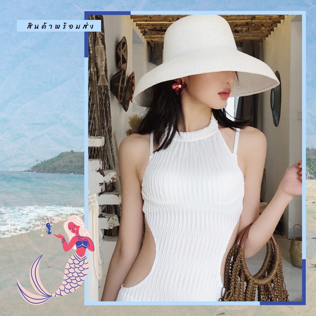 หมวกปีกกว้างปลายโค้งสีขาว ใส่ชิค ๆ รับหน้าร้อน ใส่เที่ยวทะเลสวยๆ