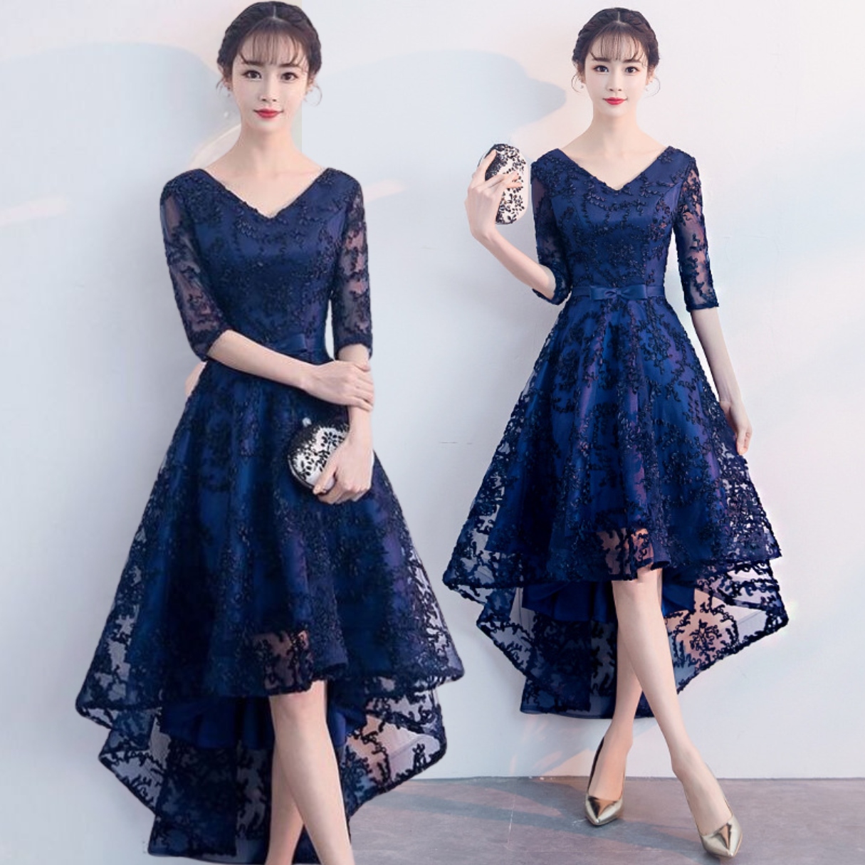 ชุดเดรสออกงานสีน้ำเงินกรมท่า คอวีปักลายนูน กระโปรงทรงบานหน้าสั้นหลังยาว แนวเรียบหรู สวย ดูดี ใส่เป็นชุดราตรี ชุดออกงาน ชุดไปงานแต่งงาน กลางวัน กลางคืน