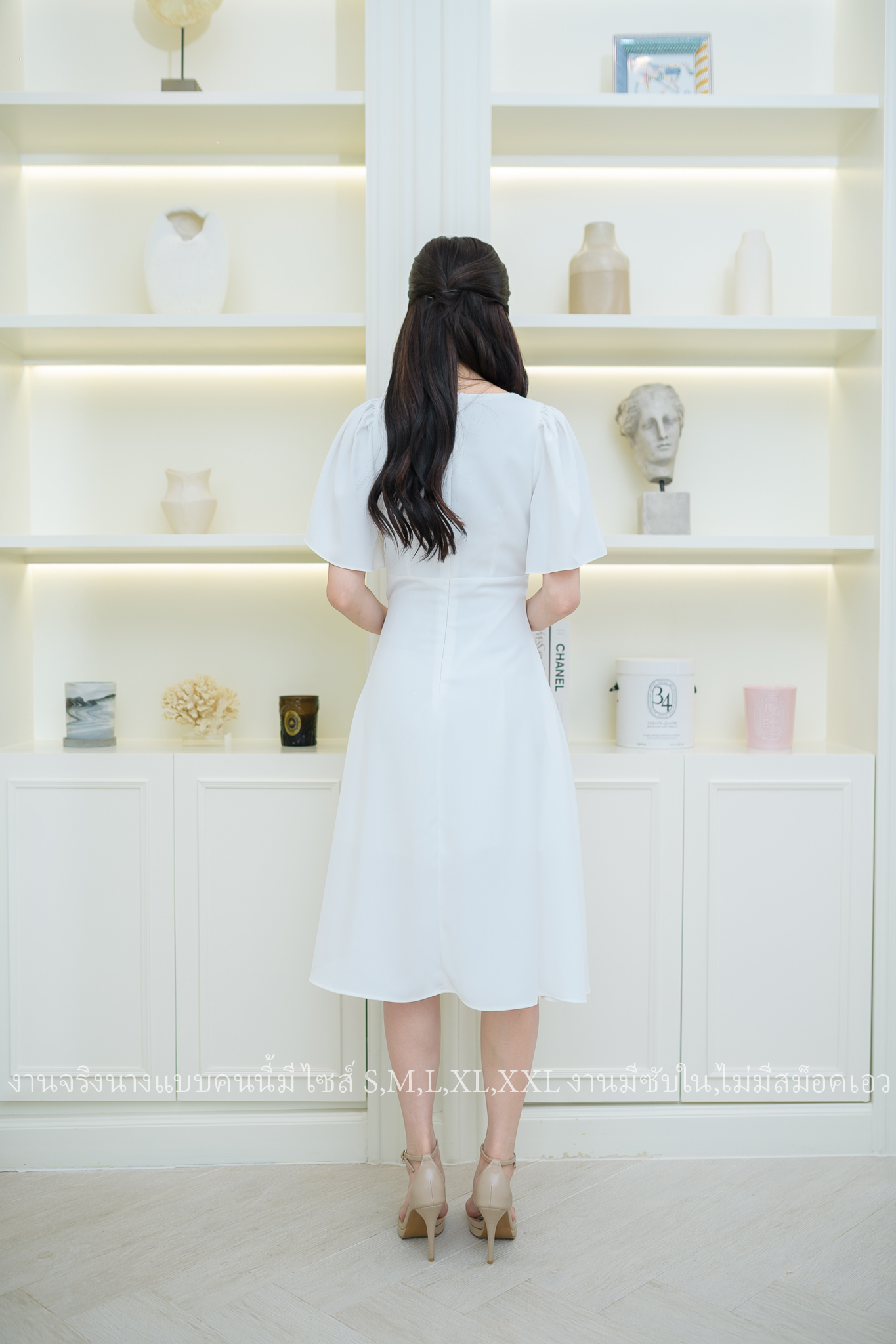 ชุดราตรี ชุดออกงาน ชุดไปงานแต่งงาน เดรสสั้นแขนระบาย กระโปรงคลุมเข่า แนวเรียบหรู สวยดูดี ใส่ได้ทั้งงานกลางวัน/งานกลางคืน : สี ขาว/ฟ้า/ชมพู