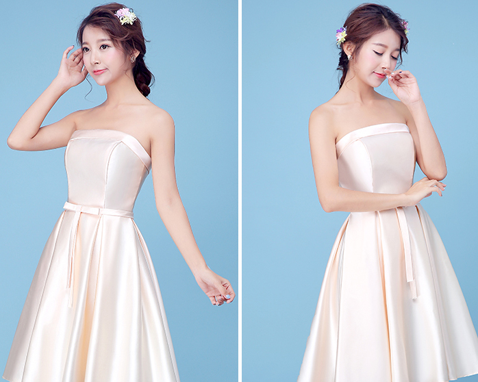 ชุดออกงานสั้นสีครีมทอง เกาะอก กระโปรงทรงบาน สวยหรู น่ารัก สไตล์เจ้าหญิง