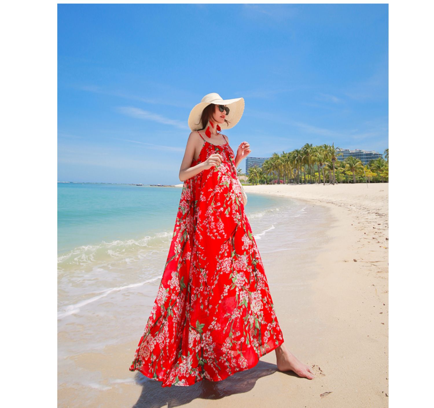 พร้อมส่ง !! ชุดเดรสยาวสีแดงลายดอกไม้ สายเดี่ยว เดรสทรงปล่อย ชุดใส่เดินเล่นถ่ายรูปริมชายหาดสวยๆ แฟชั่นชุดไปทะเล ชุดเที่ยวทะเล