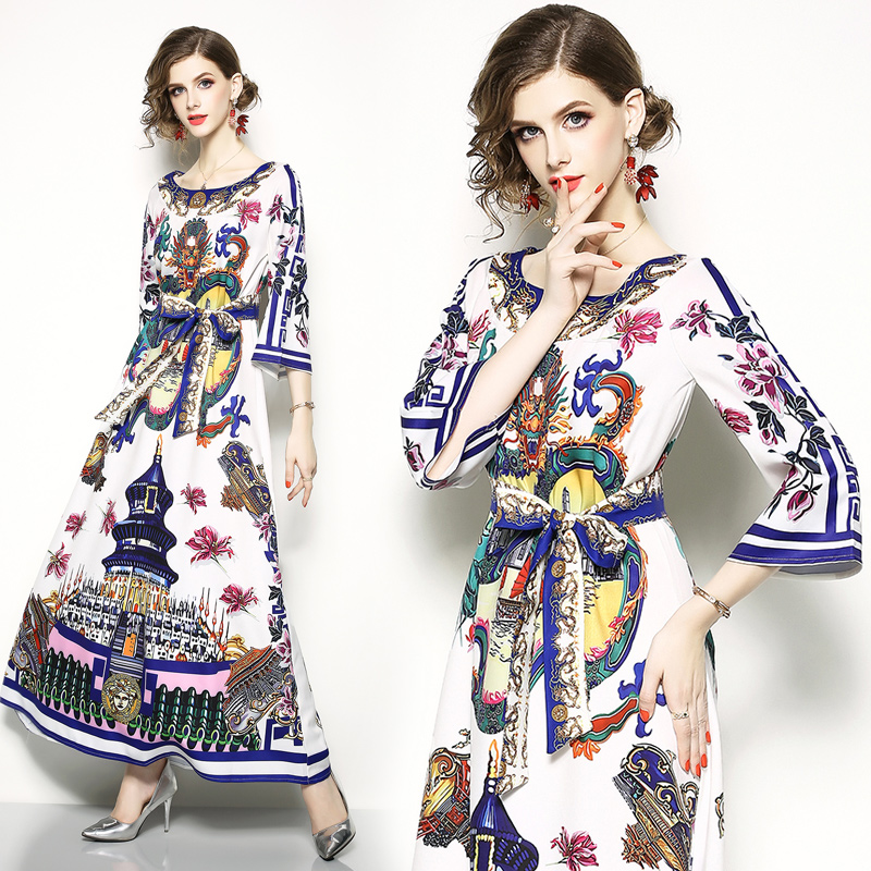 ชุดเดรสยาวสีขาวพิมพ์ลายกราฟฟิค ทรงปล่อย แขนสามส่วน แนวโบฮีเมียน ยิปซี ชนเผ่า สุดเก๋สุดชิค