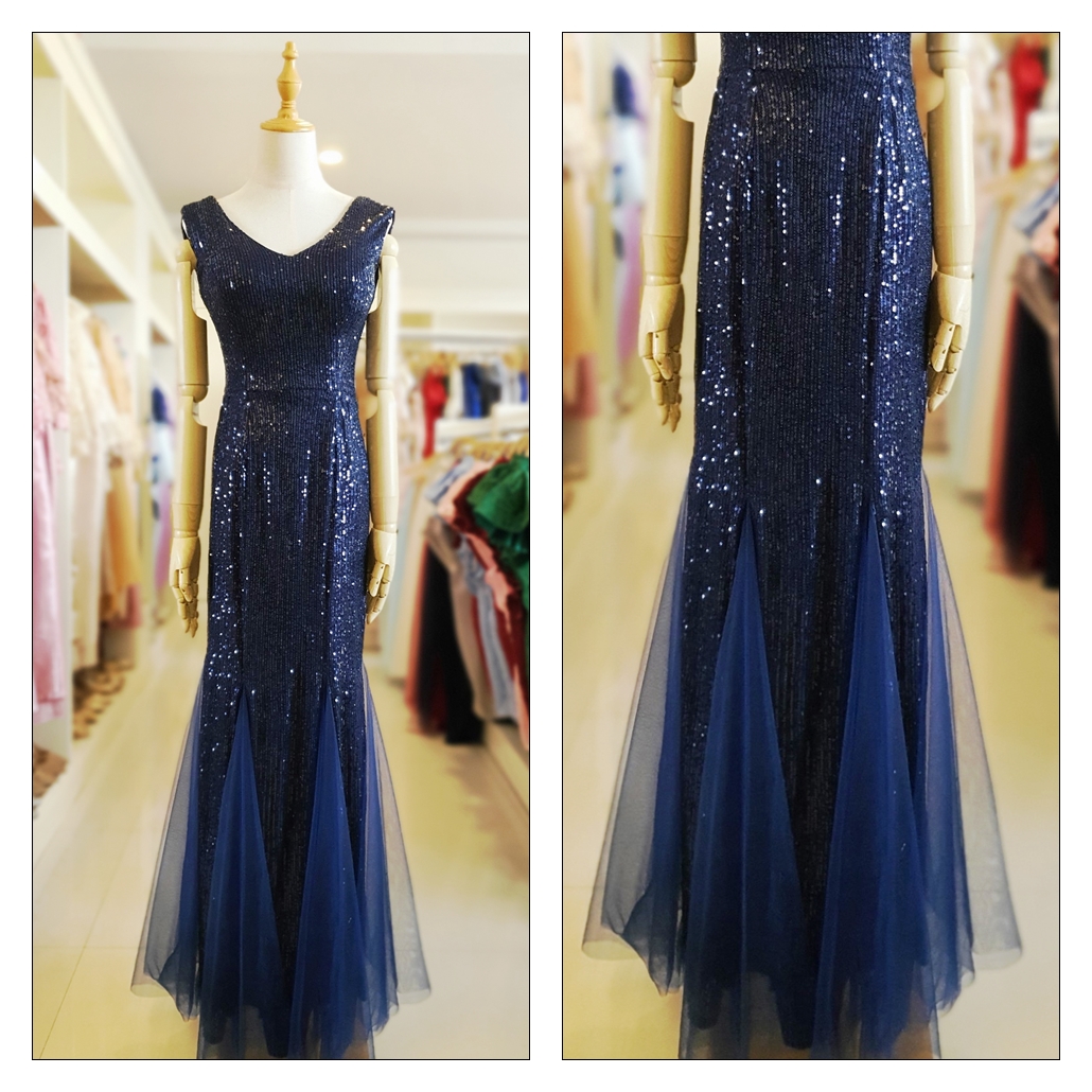 ชุดราตรี ชุดออกงาน ชุดไปงานแต่งงานสีน้ำเงินกรมท่า เดรสยาวแขนกุดทรงหางปลา ผ้ากากเพชร สวยหรูแพง