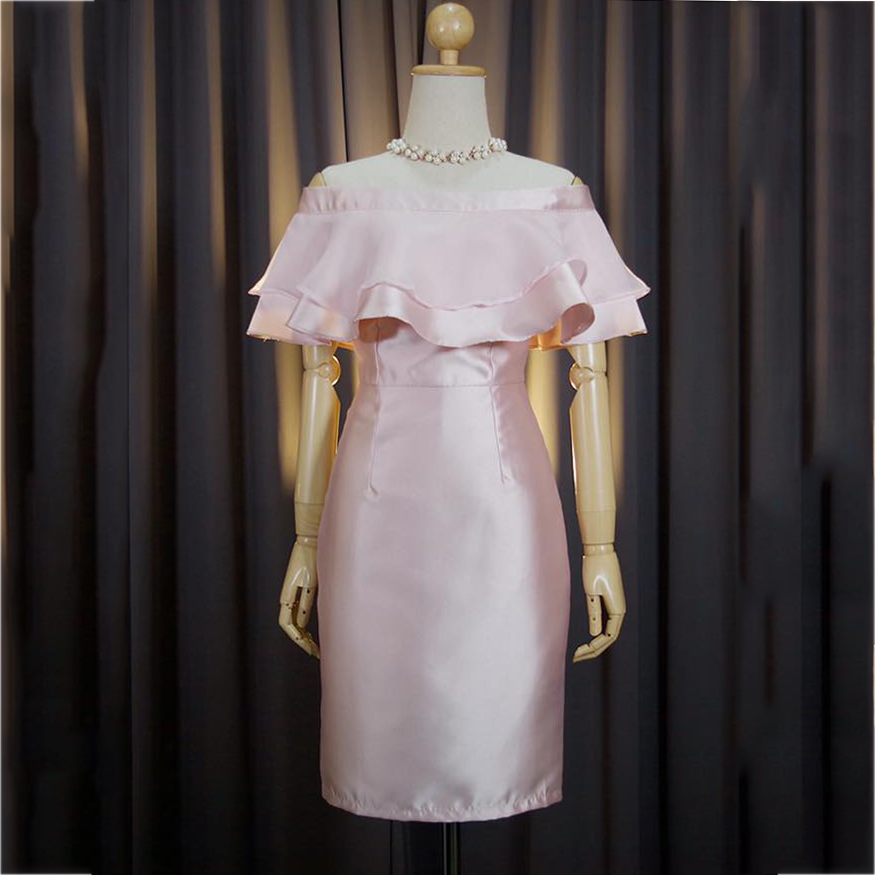 ชุดราตรี ชุดออกงาน ชุดไปงานแต่งงานสีชมพู ทรงเปิดไหล่แต่งระบาย แนวเรียบหรู สวยสง่า ดูแพง