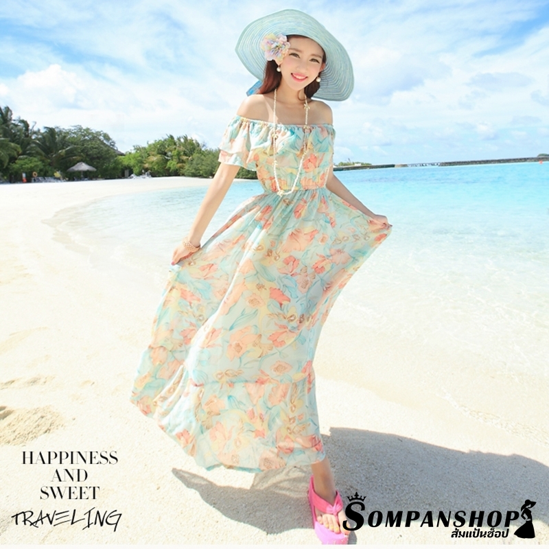 ชุดเดรสเที่ยวทะเลลายดอกไม้สีเขียว เปิดไหล่แต่งระบาย เอวยืด กระโปรงยางทรงบาน