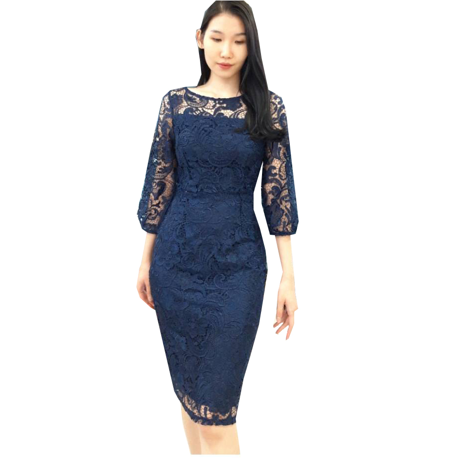 ชุดเดรสสั้นออกงานลูกไม้สีน้ำเงินกรมท่า ทรงเข้ารูป แขนยาว