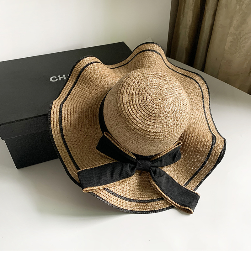หมวกสานปีกกว้าง หมวกกันแดดไปเที่ยวทะเล สีน้ำตาล แต่งโบว์