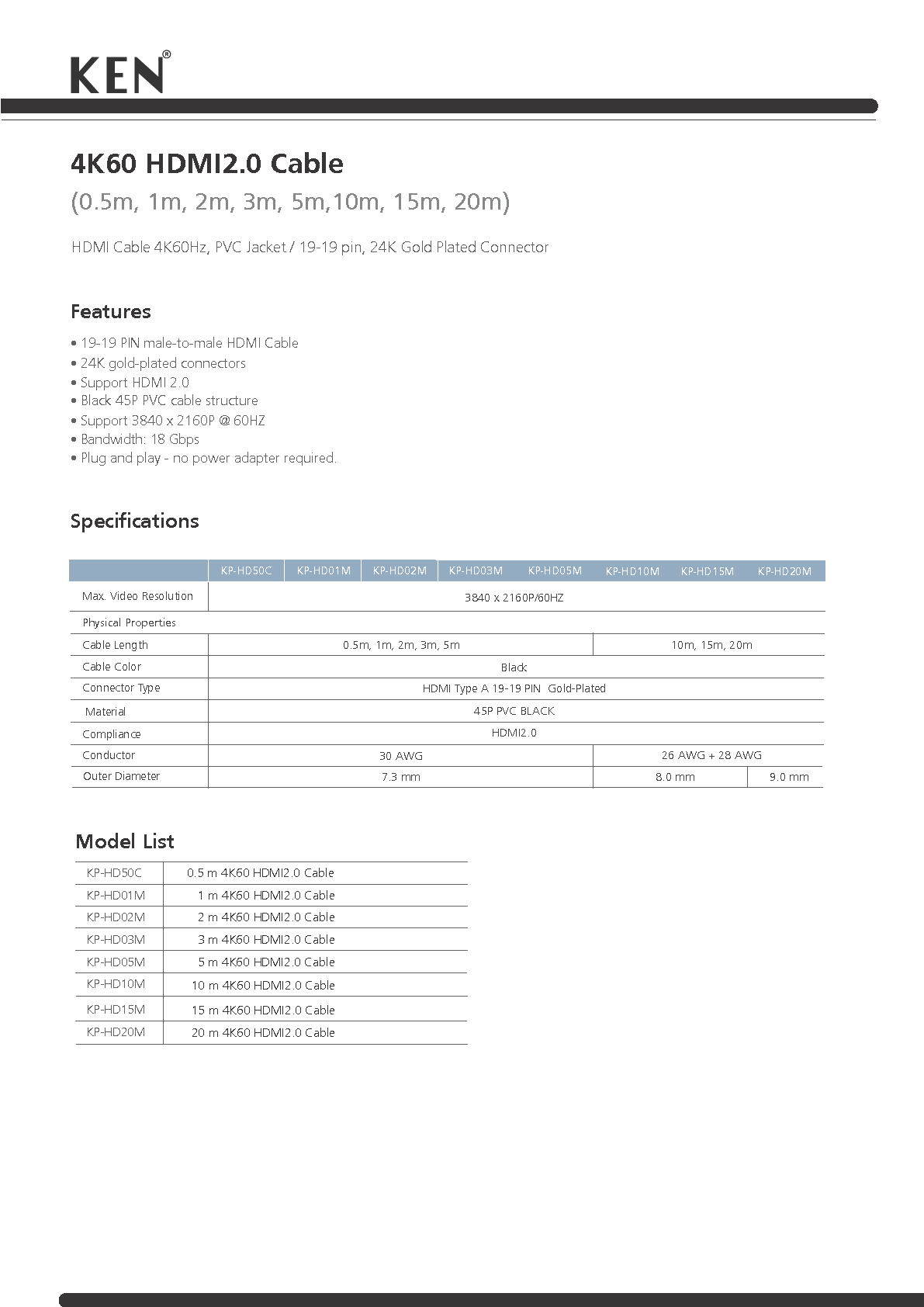 KEN รุ่น KP-HD05M HDMI CABLE 5M ความยาว 5 เมตร