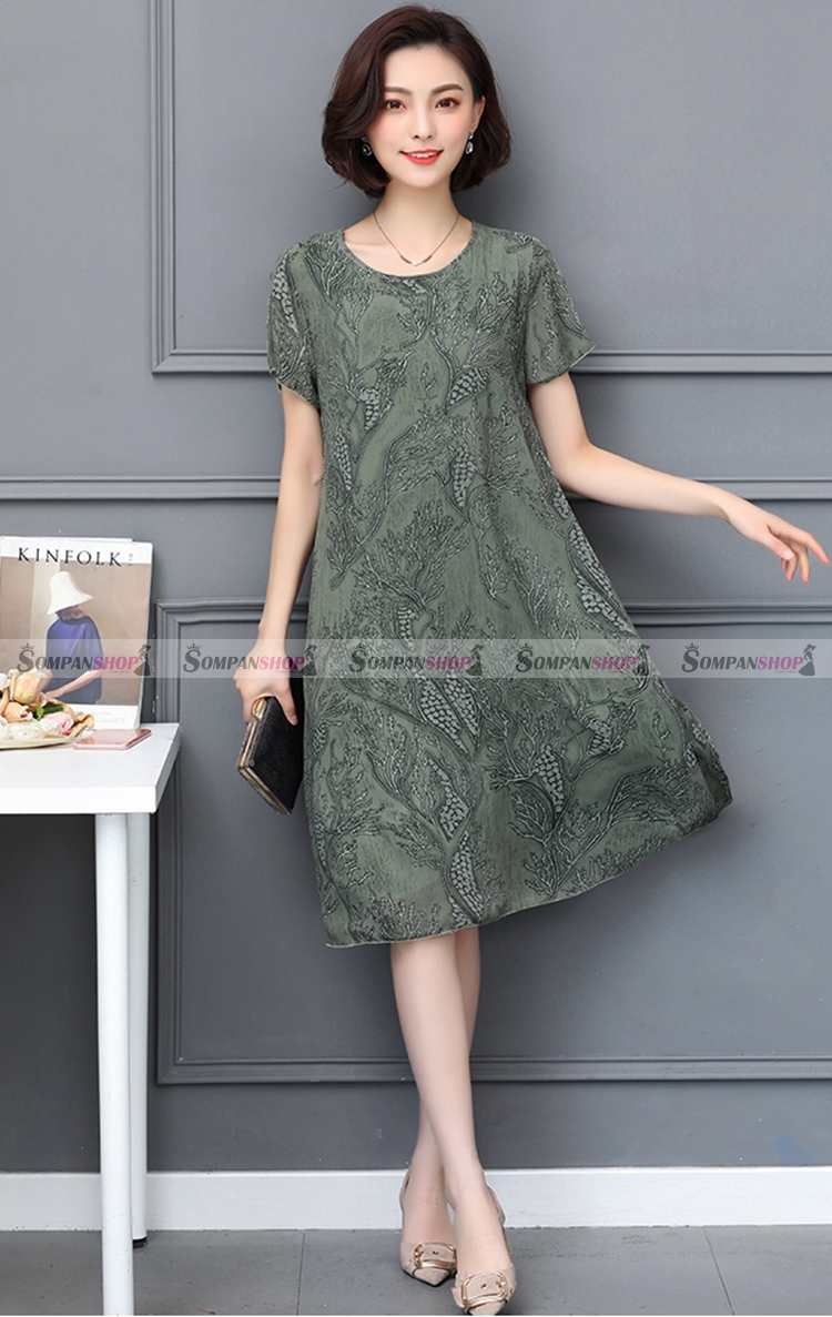 ชุดเดรสสั้นสีเขียว ทรงปล่อย ผ้าชีฟอง ลุคเรียบๆ สวยดูดี สวมใส่ได้หลายโอกาส