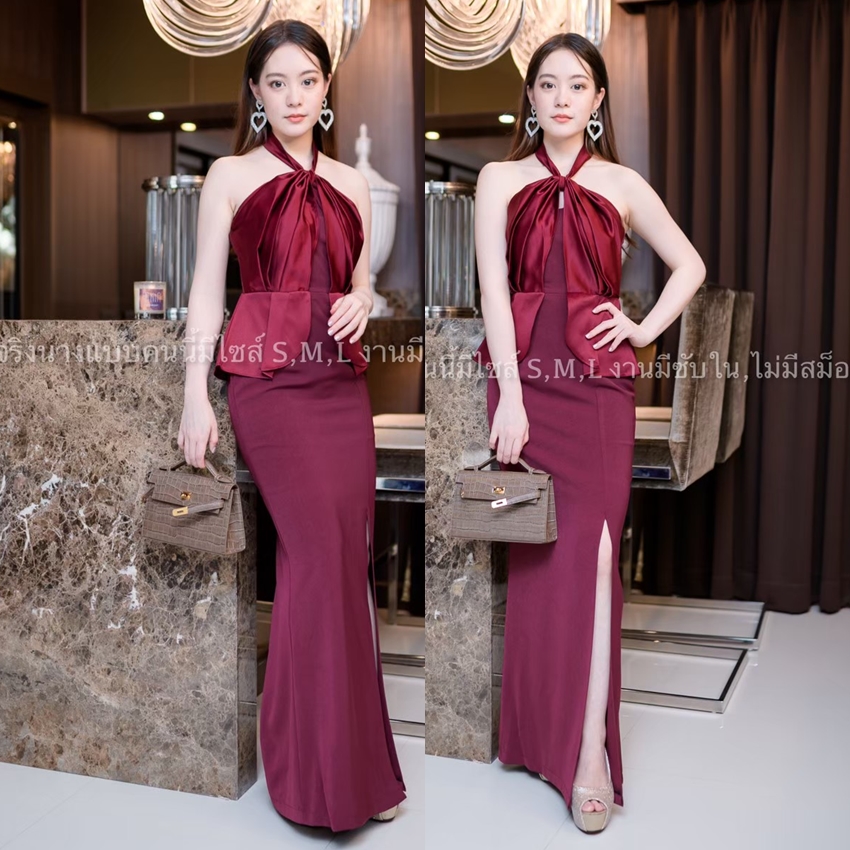 ชุดราตรี ชุดออกงาน ชุดไปงานแต่งงานสีแดง เดรสยาวออกงานคล้องคอผูกโบว์ เอวระบาย ลุคเรียบหรูดูดี