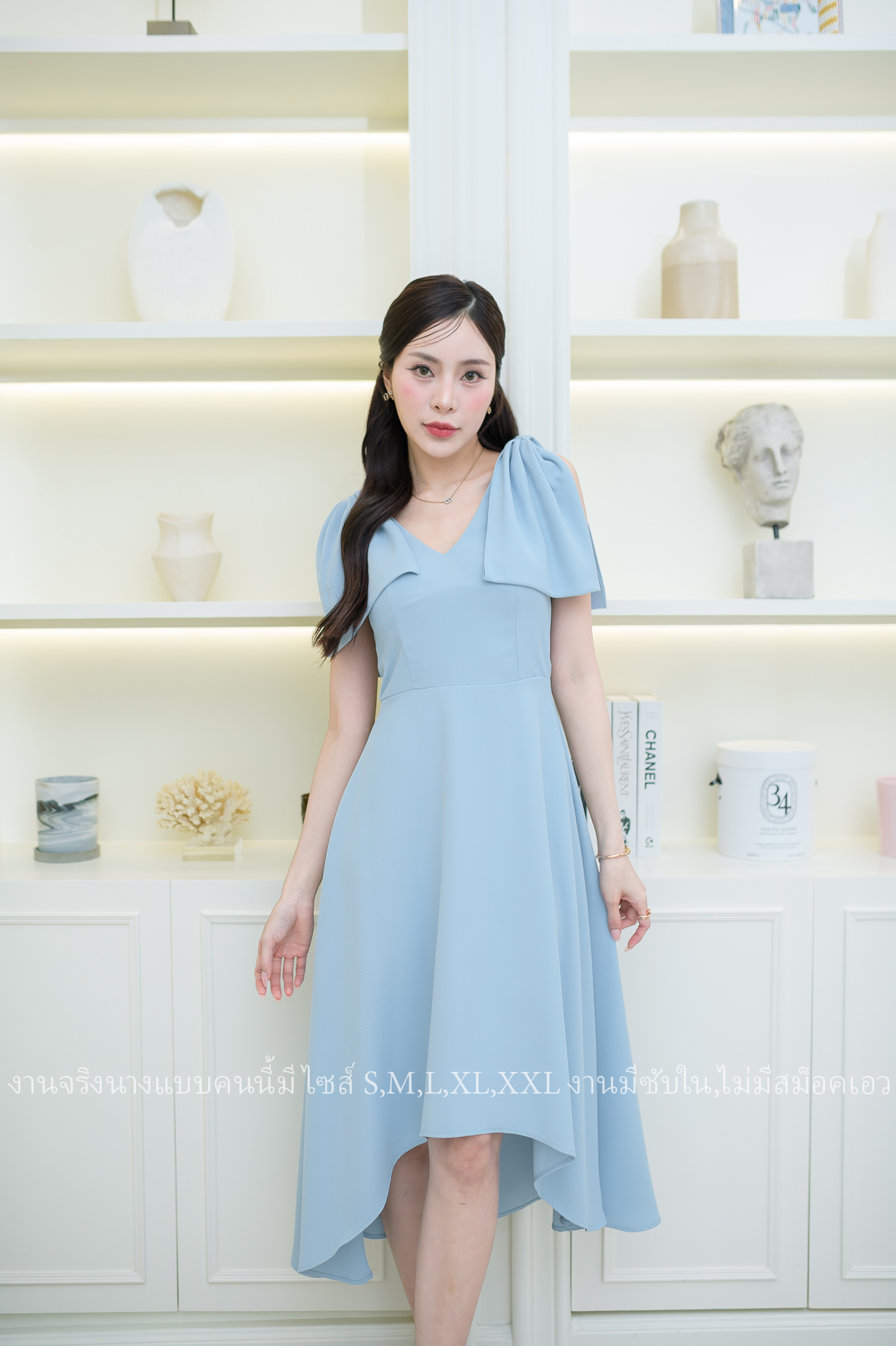 ชุดราตรี ชุดออกงาน ชุดไปงานแต่งงาน เดรสไหล่โบว์กระโปรงหน้าสั้นหลังยาว แนวเรียบหรู สวยดูดี ใส่ได้ทั้งงานกลางวัน/งานกลางคืน : สี ขาว/ฟ้า/ชมพู/เขียวมิ้นพาสเทล