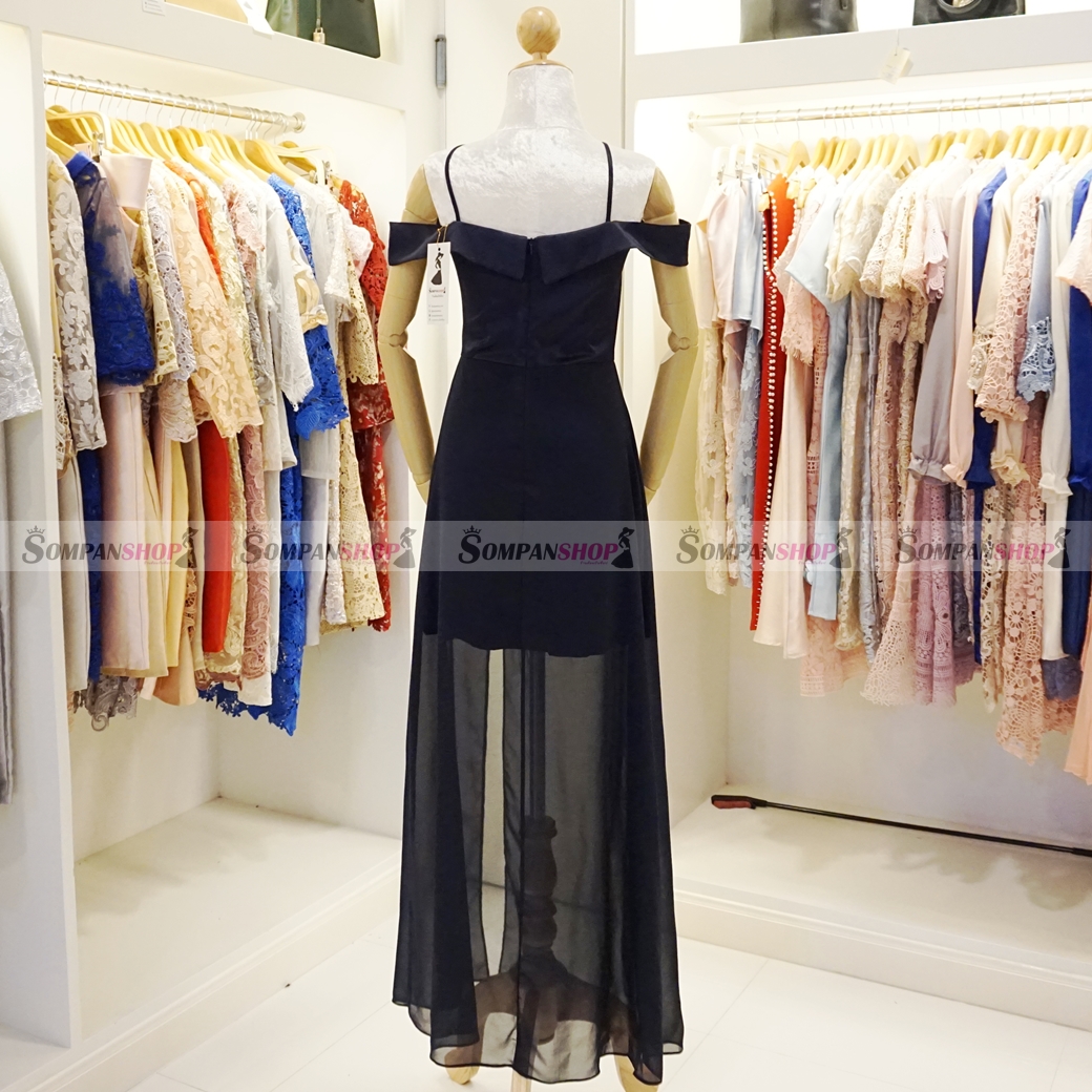 ชุดเดรสออกงานสีน้ำเงินกรมท่า สายเดี่ยวเปิดไหล่ ลุคเรียบๆ สวยหรู ดูสง่า เหมาะสำหรับใส่ออกงาน ไปงานแต่งงาน