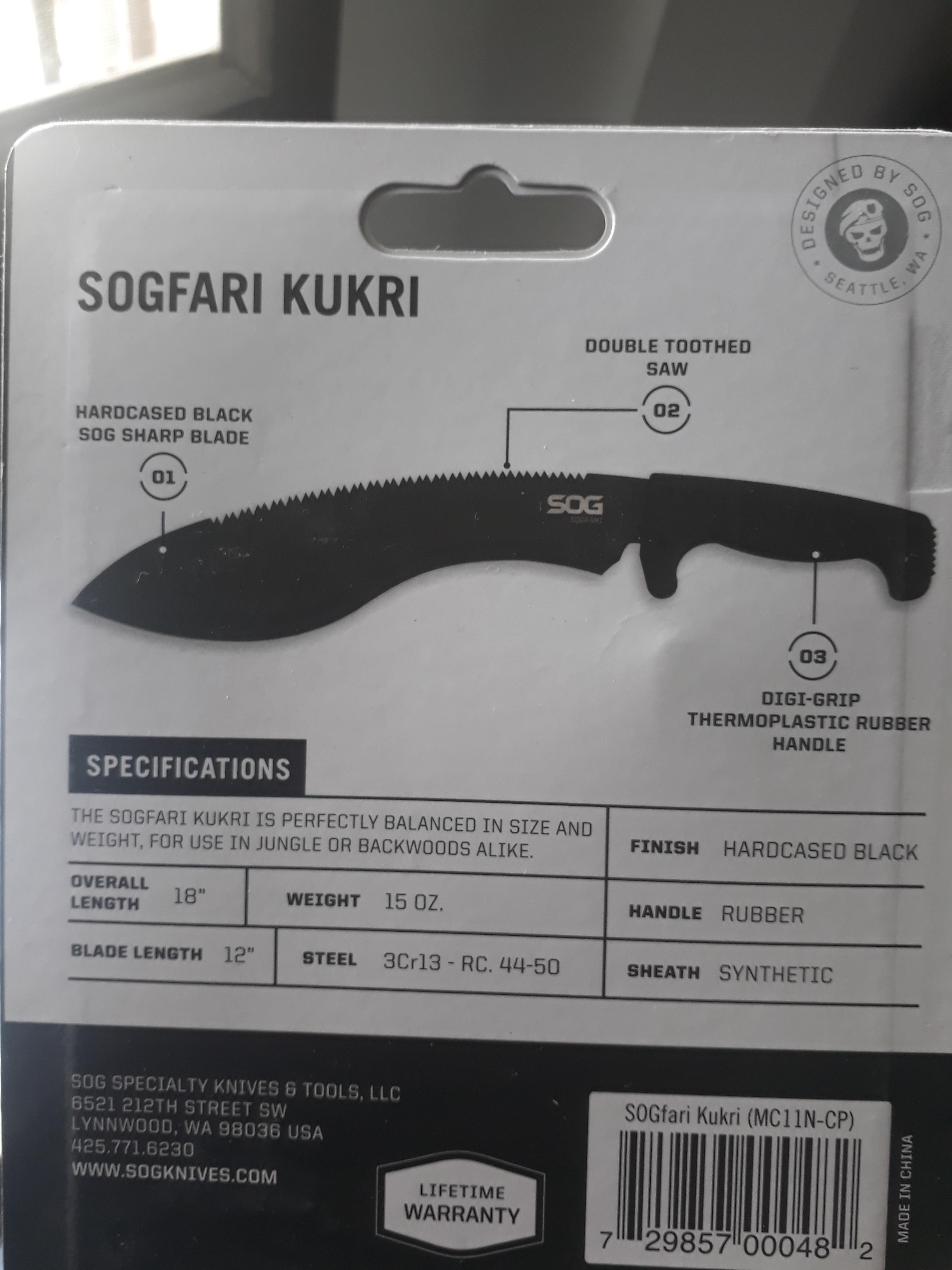 SOG SOGfari Kukri Machete MC11-N - Hardcased Black 12" Blade w/ Saw Back, Rubber Handle, Nylon Sheath