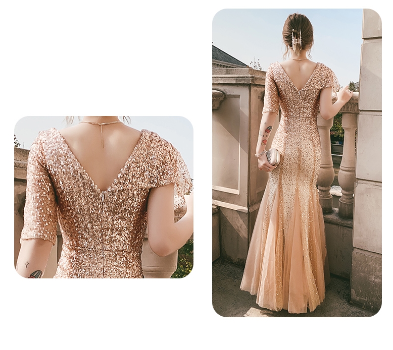 ชุดราตรียาวสีทอง เดรสออกงานปักเลื่อมแขนดีไซน์สุดเก๋ แบบสวยๆสไตล์เรียบหรูดูแพง เหมาะสำหรับใส่เป็นชุดราตรีออกงานกลางคืน ชุดไปงานแต่งงานกลางคืน ชุดไปงานกาล่าดินเนอร์