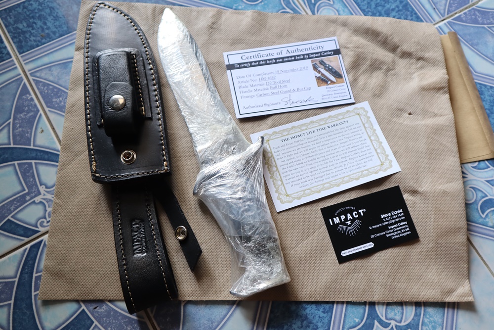 IMPACT CUTLERY RARE CUSTOM D2 MIRROR POLISHED BOWIE KNIFE BULL HORN HANDLE