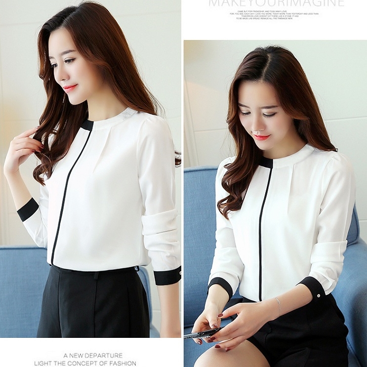 เสื้อเชิ้ตผู้หญิงสีขาวแต่งแถบ คอกลม แขนยาว ผ้าชีฟอง