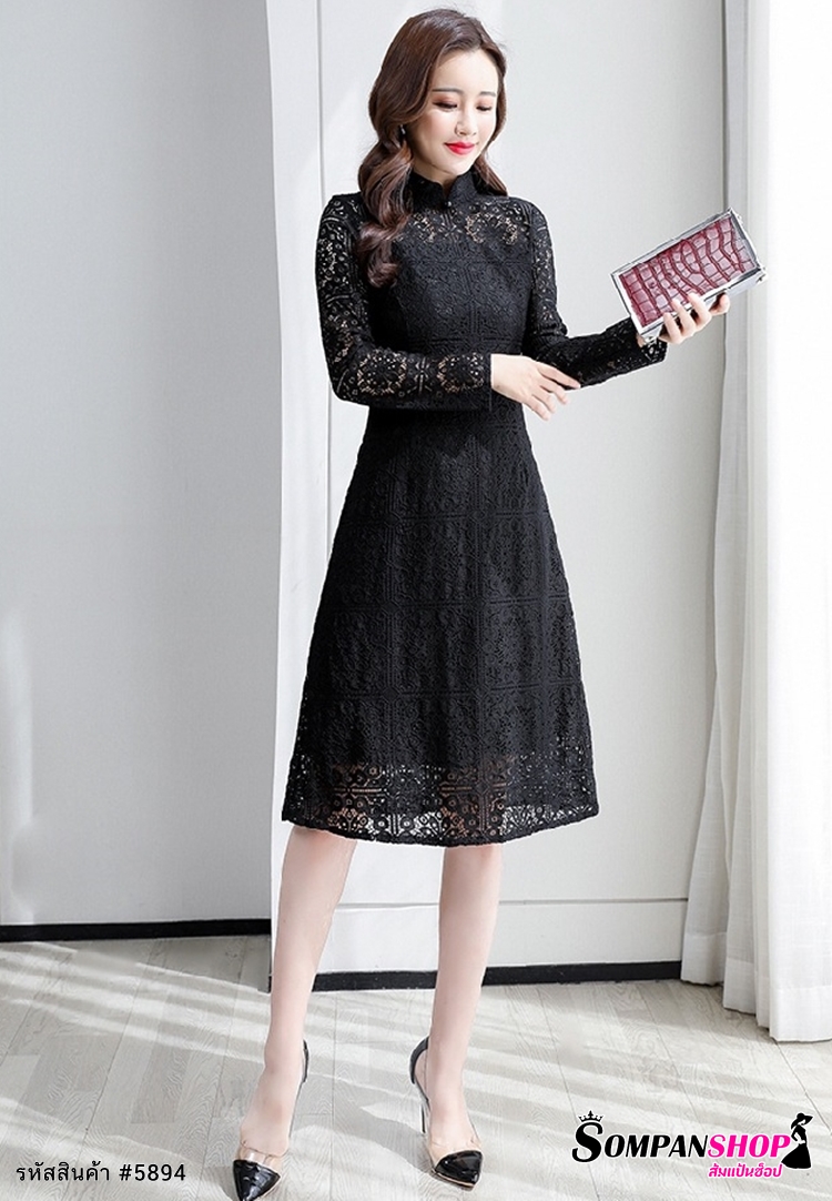 ชุดเดรสสั้นลูกไม้สีดำ คอจีน แขนยาว แนวเรียบหรู สวยดูดี สุภาพ