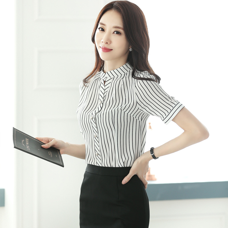 เสื้อเชิ้ตทำงานผู้หญิงสีขาว เสื้อเชิ้ตจีน ลายทางตรง แขนสั้น กระดุมหน้า ผ้าชีฟอง ใส่ทำงานได้