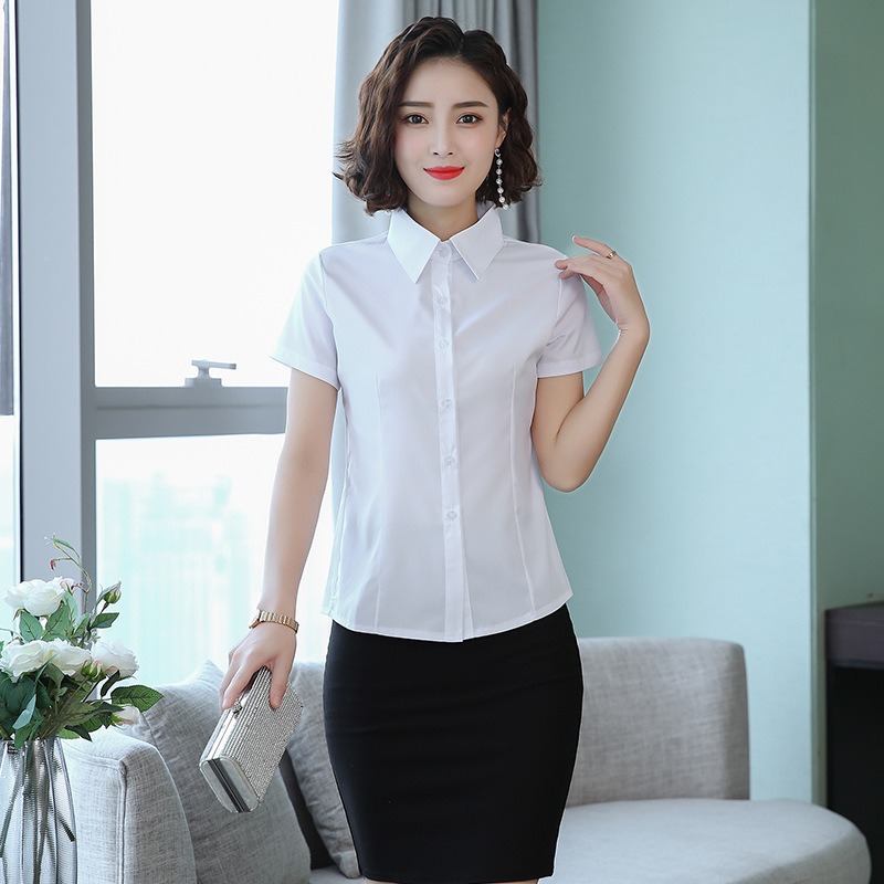 เสื้อเชิ้ตทำงานผู้หญิงสีขาวแขนสั้นผู้หญิง กระดุมหน้า ผ้าชีฟอง ใส่ทำงานได้