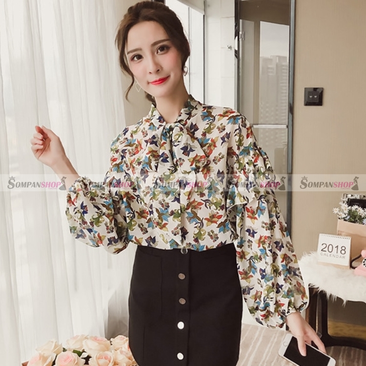เสื้อเชิ้ตผู้หญิงสีขาว แขนยาว ลายดอกไม้ ผูกโบว์ที่คอเสื้อน่ารัก