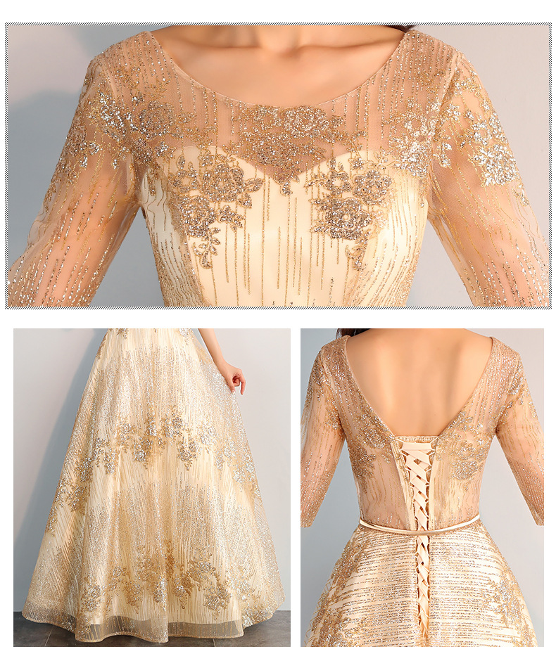 ชุดราตรียาวสีทอง ผ้ากากเพชร แขนสามส่วนกระโปรงยาว สวยหรูสง่ามากๆ ใส่เป็นชุดราตรี ชุดออกงาน ชุดไปงานแต่งงาน กลางวัน กลางคืน