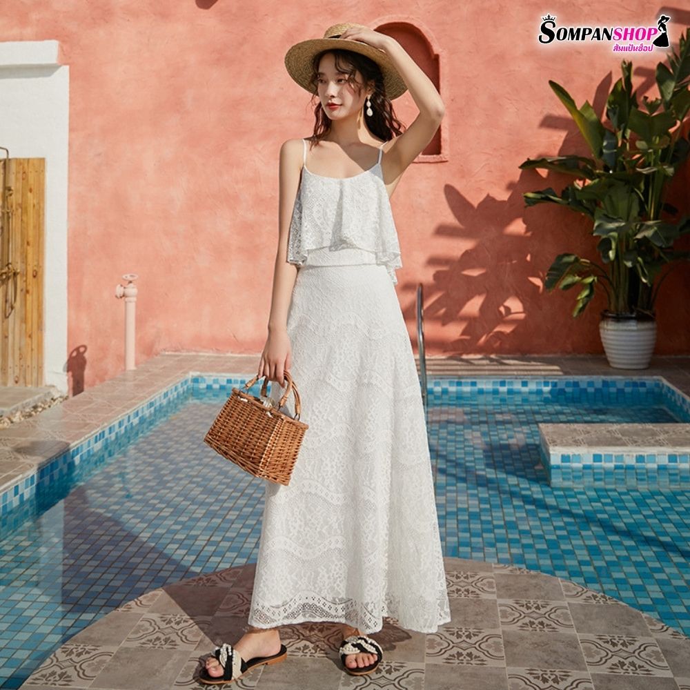 ชุดแม็กซี่เดรสยาวสีขาว สายเดี่ยวโชว์หลัง แฟชั่นชุดไปทะเล ชุดเที่ยวทะเล ชุดใส่เดินเล่นถ่ายรูปริมชายหาดสวยๆ สำเนา