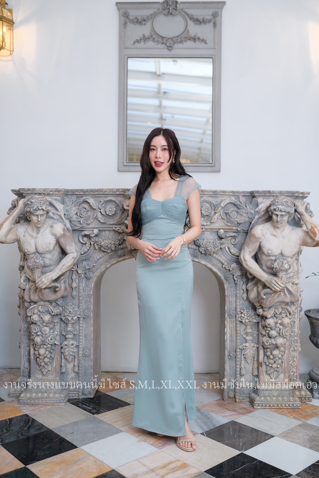 ชุดราตรี ชุดออกงาน ชุดไปงานแต่งสีเขียวพาสเทล เดรสยาวออกงาน ไกล่แต่งผ้าซีทรู กระโปรงผ่าหน้า แนวเรียบหรู สวยดูดี ใส่ได้ทั้งงานกลางวัน/งานกลางคืน