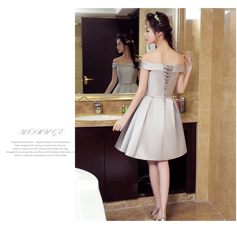 SALE ชุดออกงานสั้นสีเทา เปิดไหล่ กระโปรงทรงบาน สวยหรู น่ารัก สไตล์เจ้าหญิง