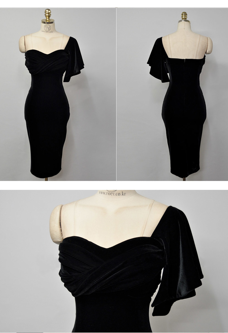 ชุดออกงานสีดำ เดรสสั้น ไหล่ข้างเดียวแต่งระบาย ทรงเข้ารูป ผ้ากำมะหยี